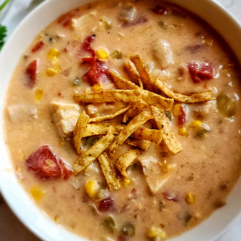 Overhead image of cheesy chicken enchilada soup topped with tortilla chip strips.