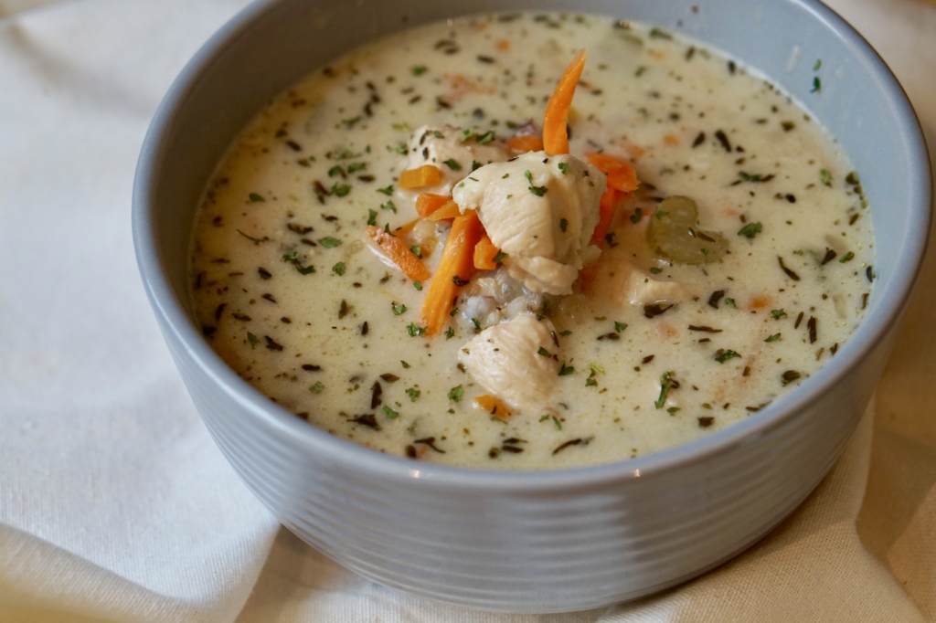 Image of a bowl of chicken and wild rice soup.