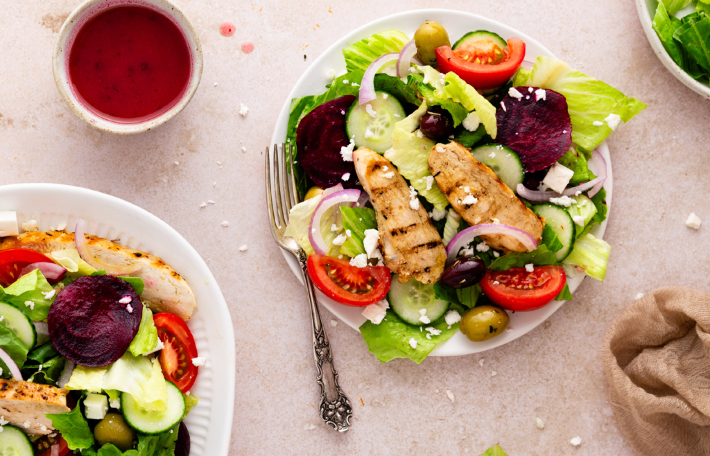 Overhead image of a Chicken Green Salad on a plate.