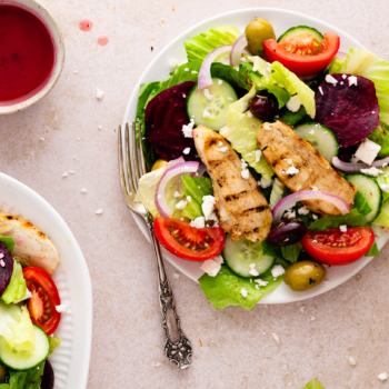 Overhead image of a Chicken Green Salad on a plate.