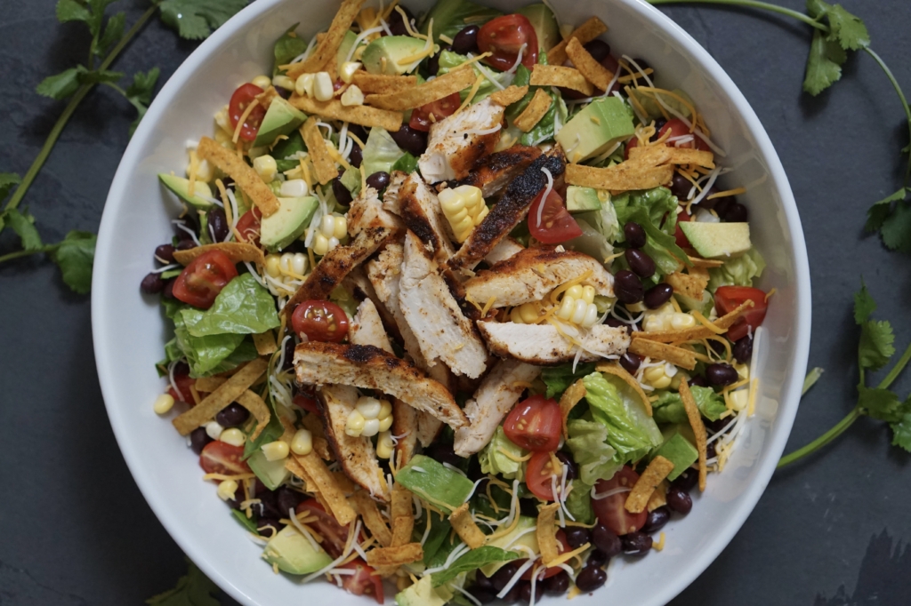 Overhead image of a chopped chicken taco salad.