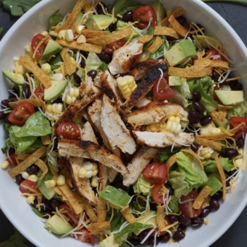 Overhead image of a chopped chicken taco salad.