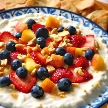 Image of creamy fruit-topped dip in a bowl surrounded by pita chips.