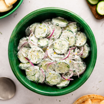 Image of cucumber yogurt salad in a bowl.