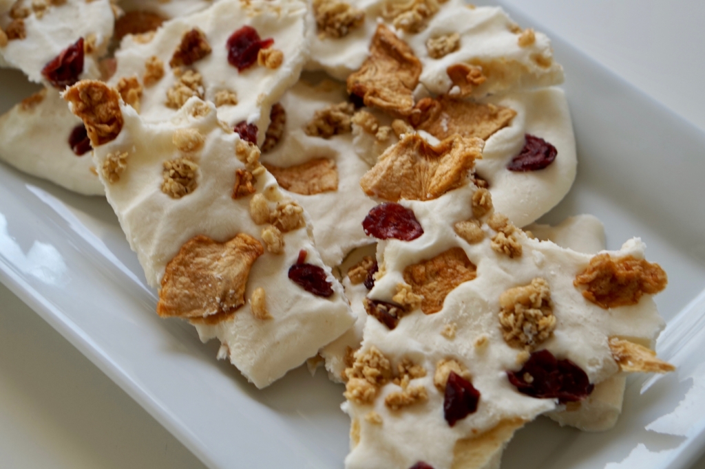 Image of yogurt bark topped with granola and dried fruit.