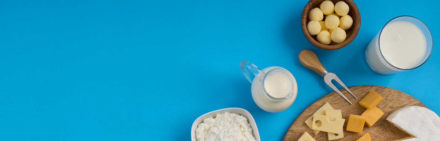 Dairy foods, milk, cheese, cottage cheese, cream, and butter in containers on a bright blue background.