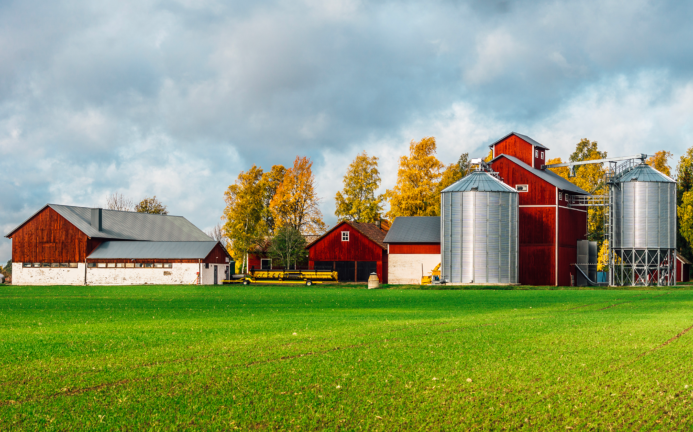 Exterior of red barn at a dairy farm with silos and a large green field.