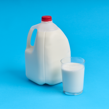 Gallon and glass of white milk on a bright blue background.