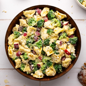 Image of Chopped Broccoli Salad with Cheese Tortellini in a large serving bowl.